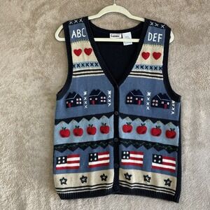 Vintage Blue Sweater Vest Apple Appliques Womens M Teacher Americana EUC